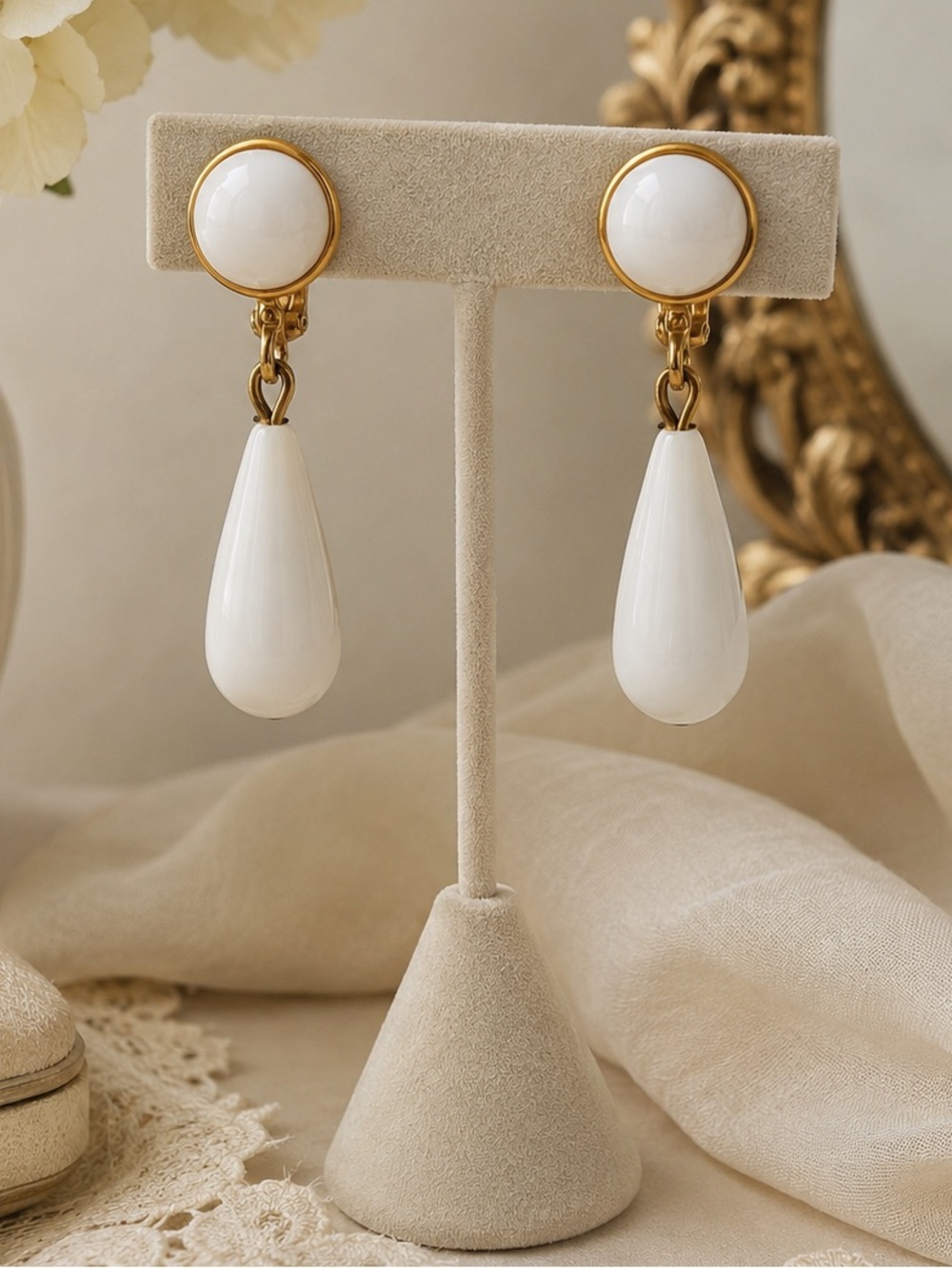 Vintage Monet Milk White Teardrop Drop Earrings